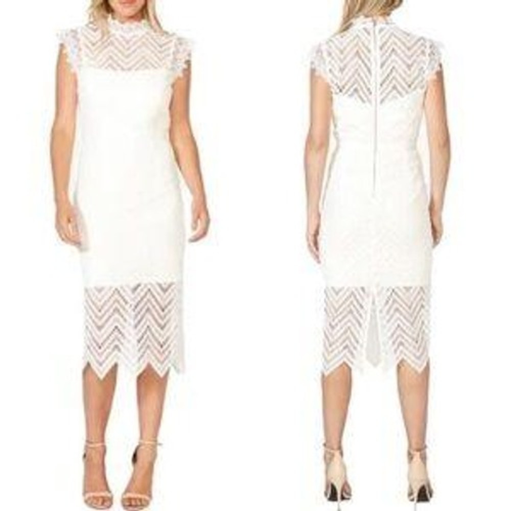 Bardot Lace Midi Dress Womens 10/L White Excellent Chevron Mock Neck Sleeveless